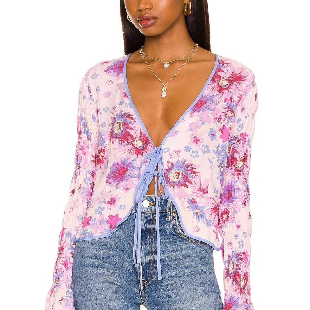 Free People Pink Lavender Floral Tie-Front Blouse
